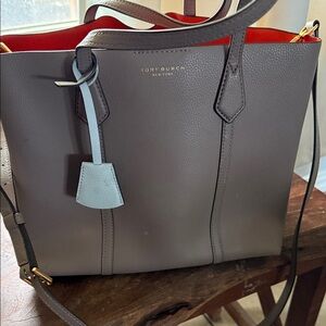 Tory Burch Gray Leather Tote with Red Interior and Light Blue Tag